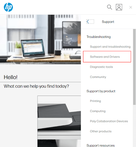 HP Support and Click on Software and Drivers