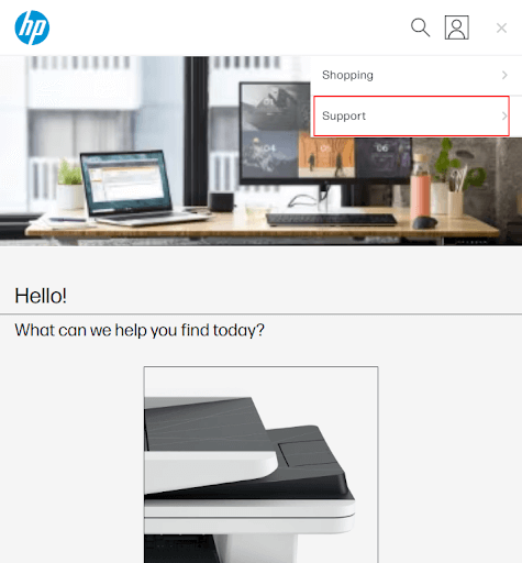 HP homepage choose Support