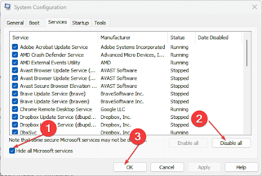 Hide all Microsoft services - Disable all