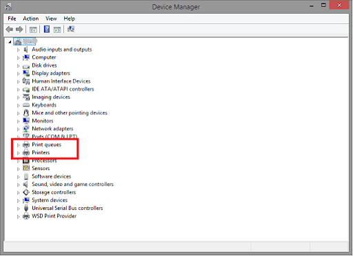 Print Queus or Printers category in device manager