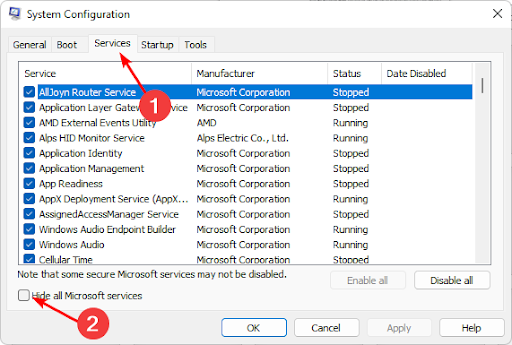 Services tab and choose the option to Hide all Microsoft services