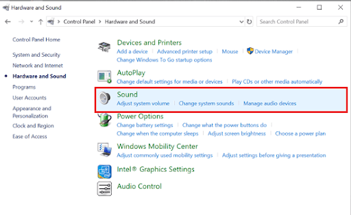 select Sound from the option available in the Hardware and Sound menu
