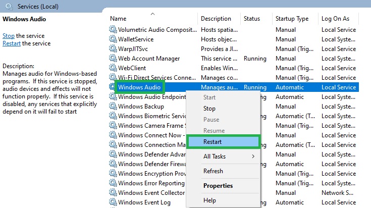 Restart the Windows Audio Serivce