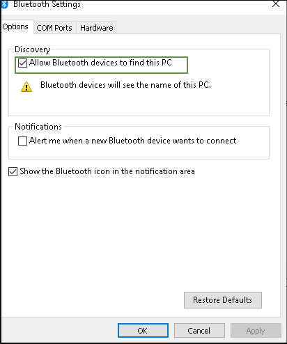 Allow Bluetooth devices to find this PC