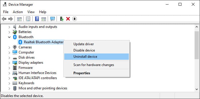 Bluetooth adapter and select Uninstall device.