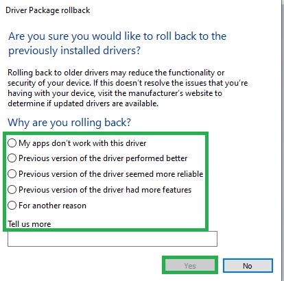 Roll back driver reasons