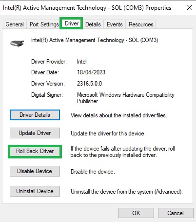 Device Manager Roll Back Driver