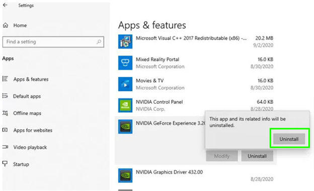 Uninstall Nvidia GeForce application