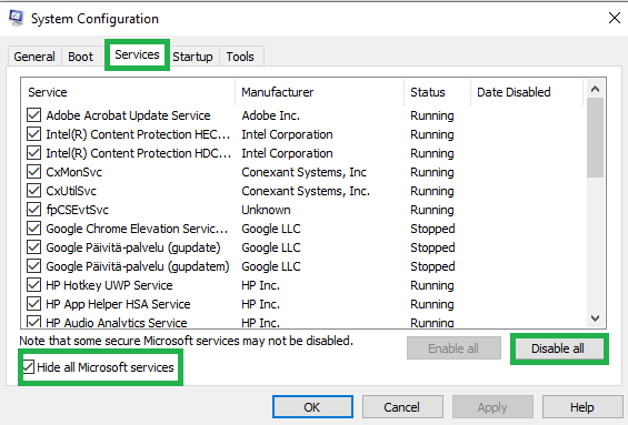 System Configuration Hide all Microsoft Services