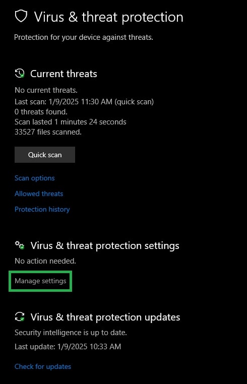 Virus & Threat Protection settings category.