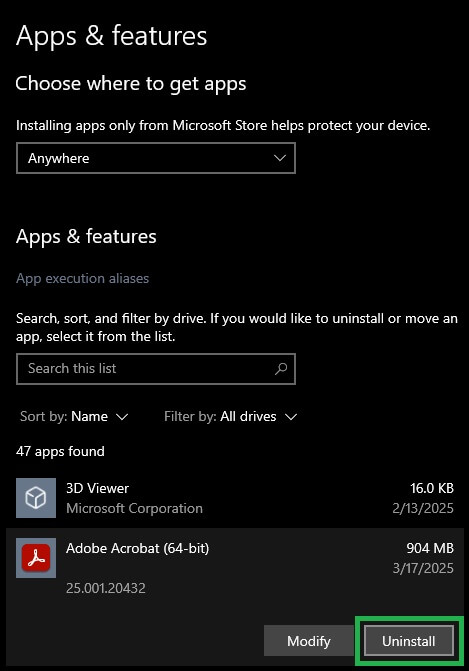 Uninstall in apps and features
