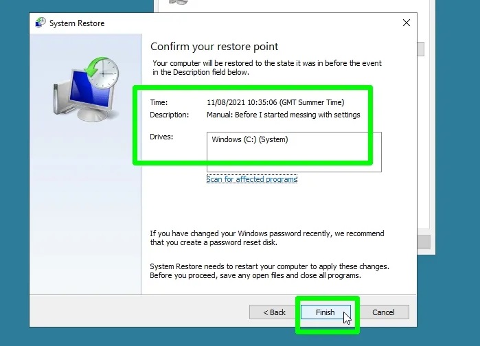 finish restore point