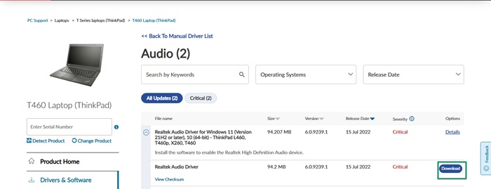 lenono t460 driver downlaod