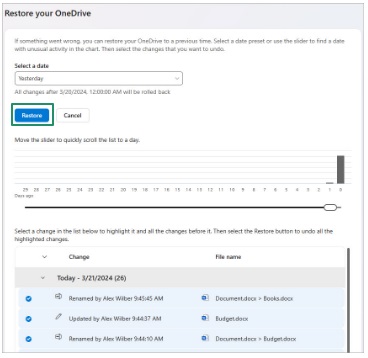 Restore the OneDrive files point-in-time state