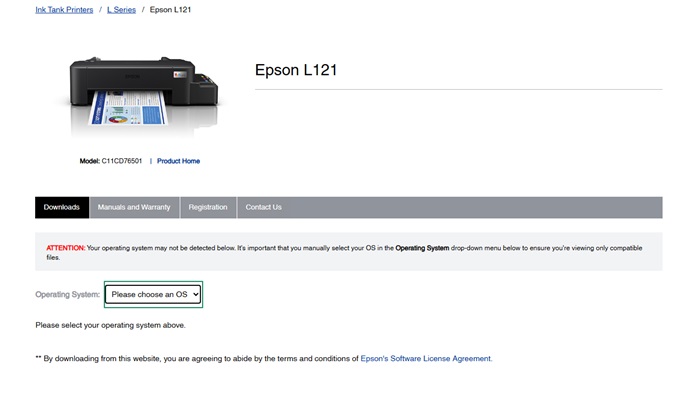 select operating system for epson driver