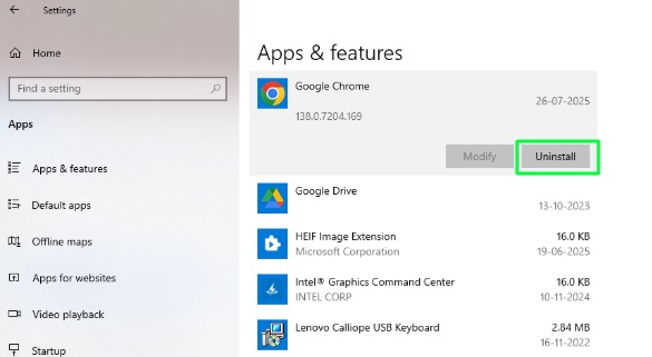 Uninstall Google Chrome via Windows Settings