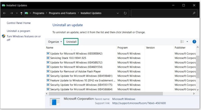 Uninstall windows update