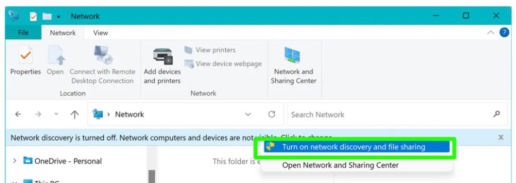 turn on network discovery and file sharing