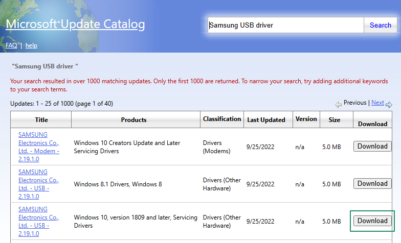 microsoft catalog samsung usb driver