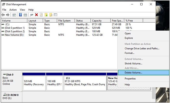 Delete Volume from the available options.
