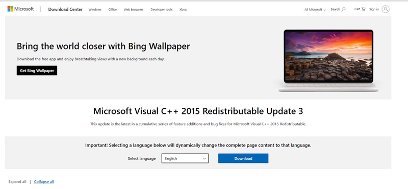 Navigate to the Microsoft Visual C++ 2015 Redistributable Update 3 download page
