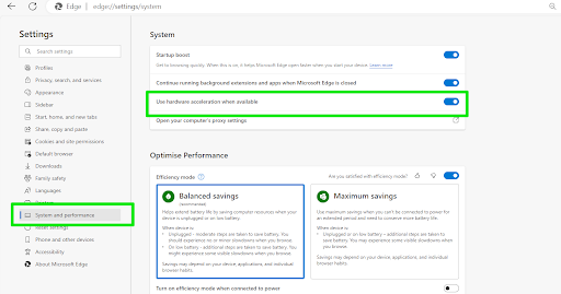 Use hardware acceleration when available and then Restart Edge.