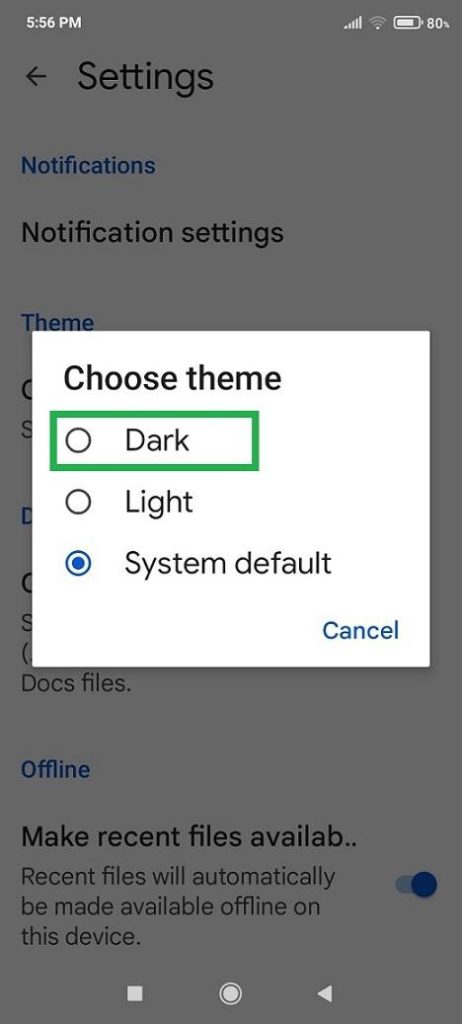 choose dark theme