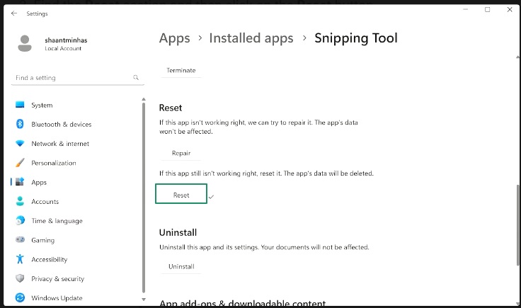 reset snipping tool