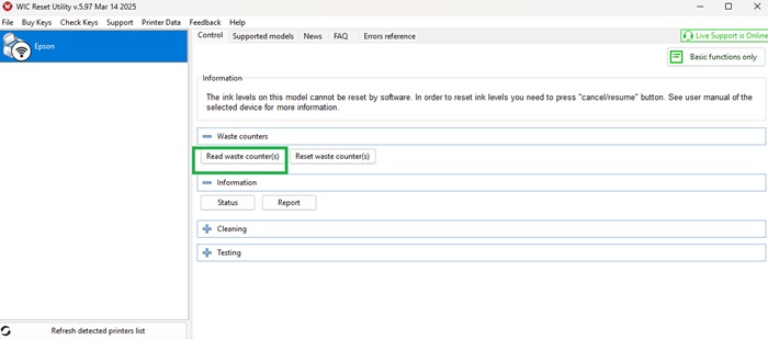 select reset printer pad