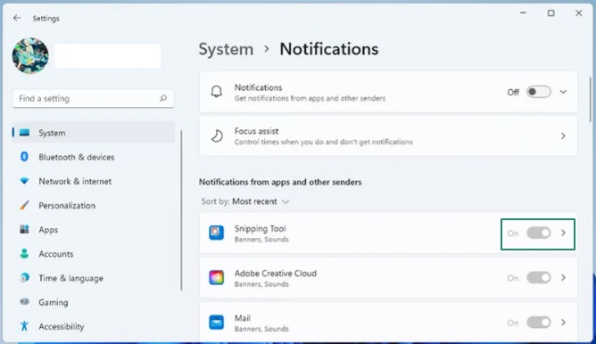 snipping tool notification