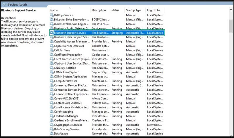 Bluetooth Support Service.