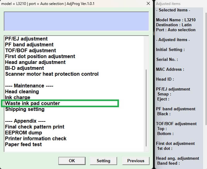 select waste ink pad counter