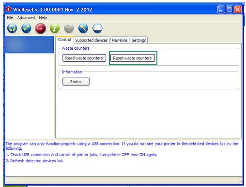 Click Reset Waste Counters.