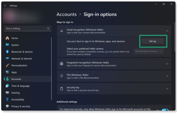 Enable Windows Hello face recognition