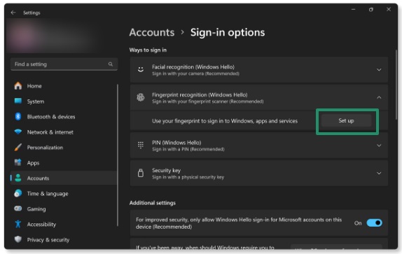 Enable Windows Hello fingerprint