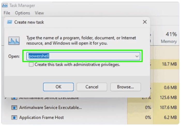 type PowerShell in the Create New Task window (1)