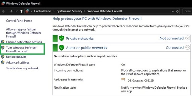 Turn Windows Defender Firewall on or off