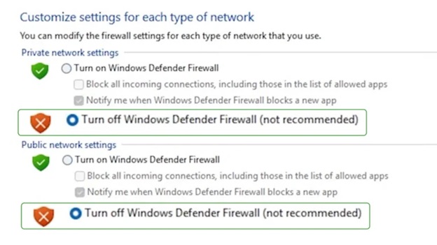 Turn off Windows Defender Firewall