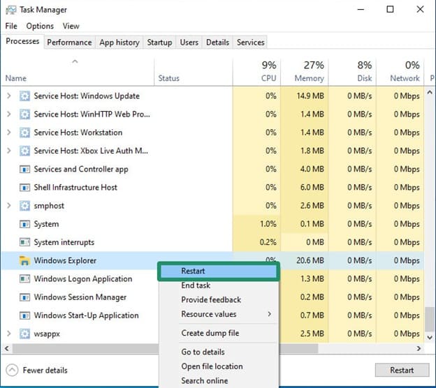 restart windows explorere