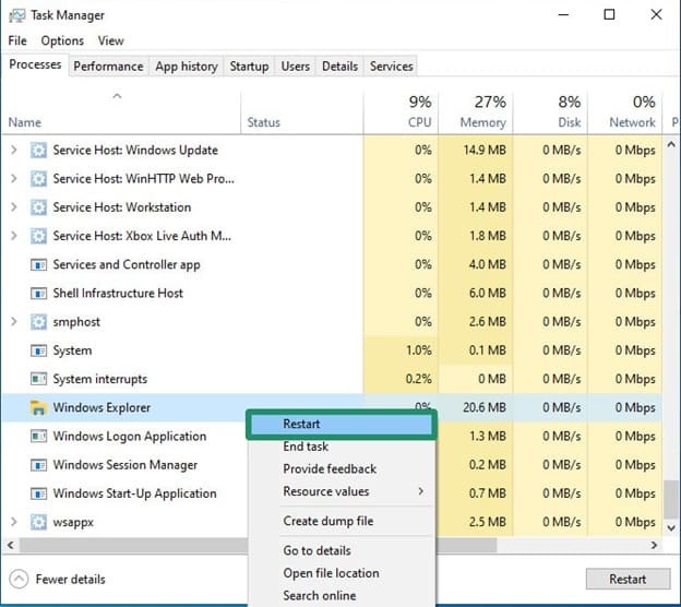 restart windows explorer