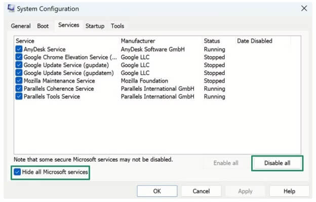 the Hide all Microsoft services