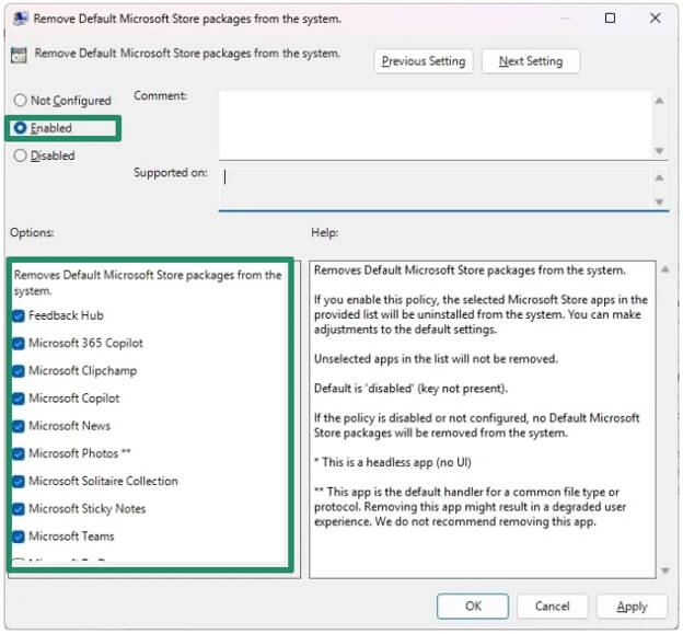Enabled option