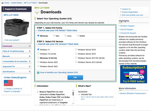 select os to download MFC-L2710DW driver