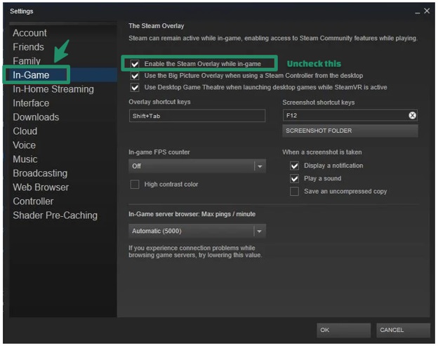 Enable the Steam Overlay while in-game.