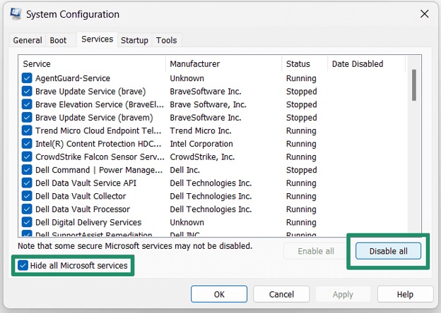 Hide all Microsoft services.