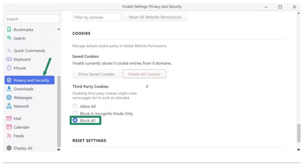 Third-party cookies section in vivaldi
